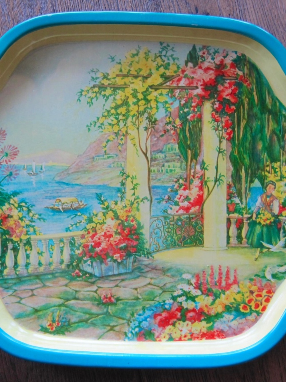 Vintage 30's Tin Metal Tray w/ Floral, Birds, Balcony Motif. Lake Cottage Decor.